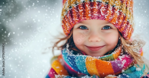 Smiling Child in Colorful Hat and Scarf Enjoys Snowfall During Winter Day in ...