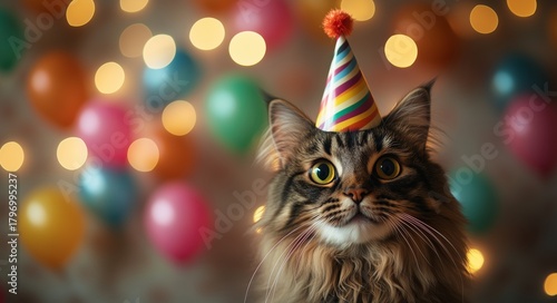 Cat Wearing a Party Hat Surrounded by Colorful Balloons and Fairy Lights Duri...