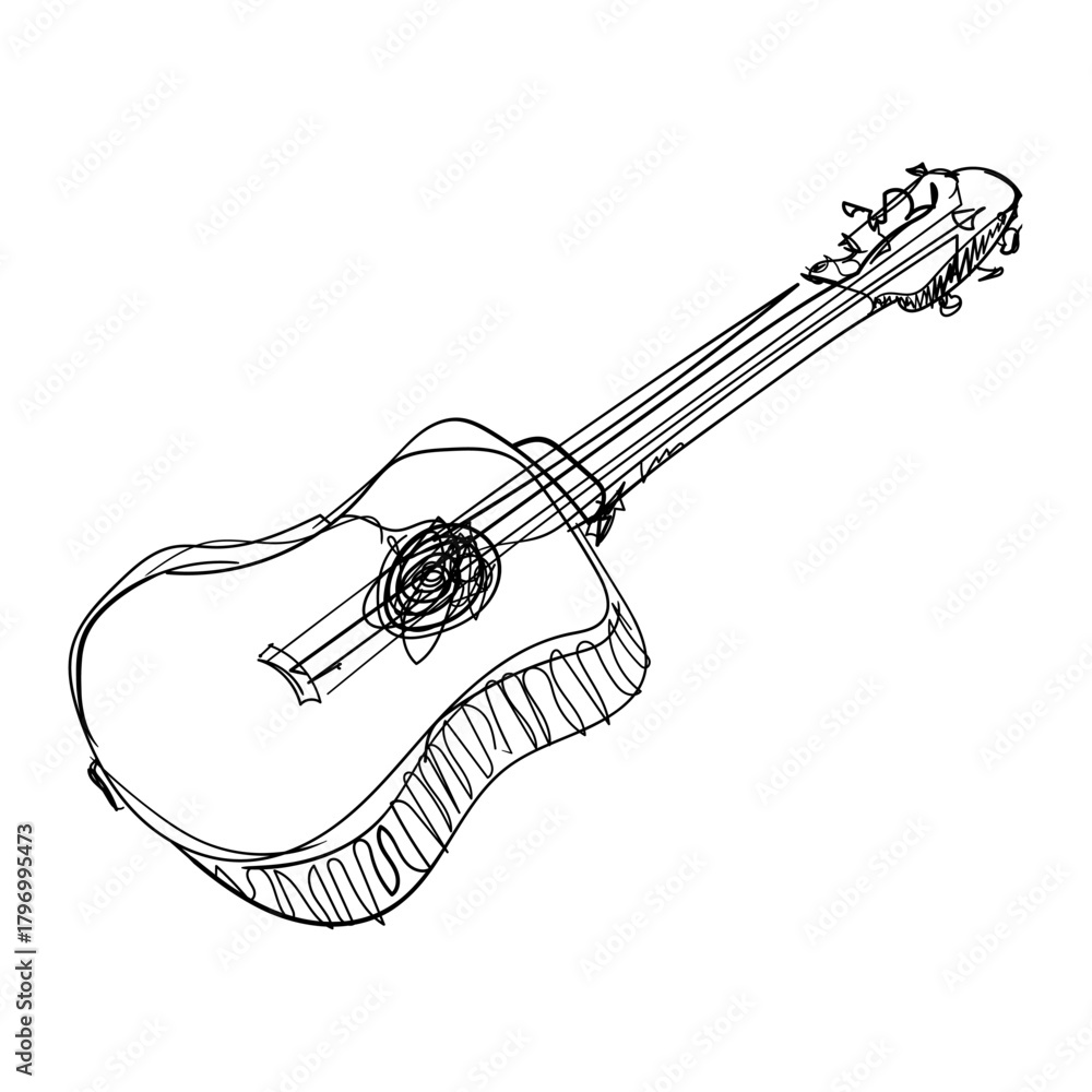 Obraz premium Elegant line drawing of a guitar showcasing its intricate design from a unique perspective