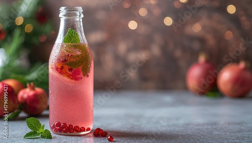 Mint pomegranate sparkling infused water, refreshing beverage option, suitable for editorial use