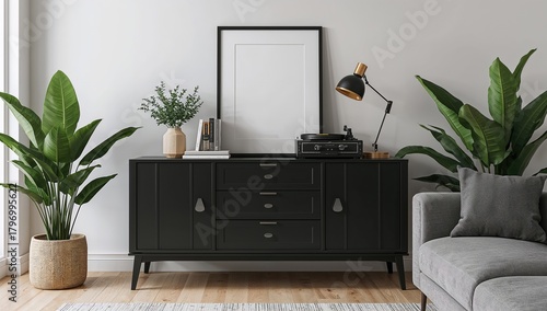 Fototapeta Naklejka Na Ścianę i Meble -  Stylish living room interior featuring a black commode, plants, books, a vinyl recorder, and elegant personal accessories, functional layout for modern home decor