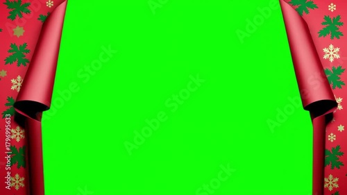 Unwrapping gift revealing a green screen - Stop Motion Animation with Alpha Channel. Transparent Background red and white wrapping paper. Christmas design. Copy space. Christmas wrapping paper transit