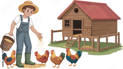 Farmer feeding chickens in front of a coop vector illustration
