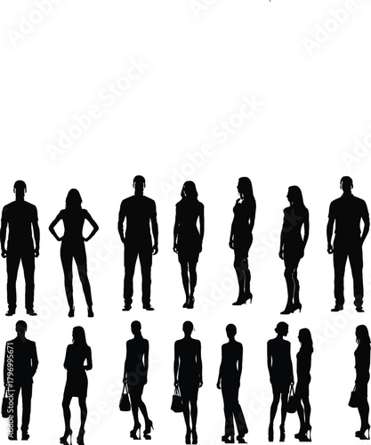 Vector silhouettes of people, including groups of businessmen and women, walking, standing, and working, often used for illustration and design collections