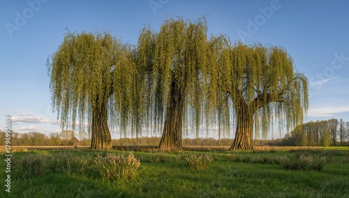 Three uniquely shaped pollard willows in a grassy landscape, showcasing seasonal change