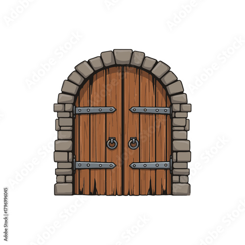 Illustration of a closed, arched wooden door with stone frame, featuring metal hinges and ring handles.