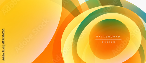 Abstract design features overlapping circles, vibrant orange, yellow, green hues. Modern aesthetic, clean lines, dynamic composition.