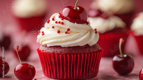 Red Velvet Cupcakes Topped With Cream Frosting and Cherries at a Dessert Table