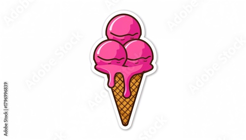 Melting pink ice cream balls in a waffle cone, showcasing a playful dessert theme