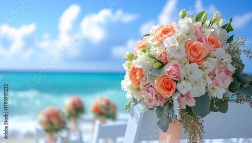 Beautiful Wedding Ceremony Setup With Floral Arrangements at the Beach Under ...