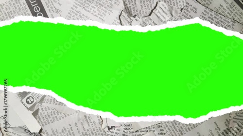 Torn newspaper edges framing bright green screen backdrop for text overlay use