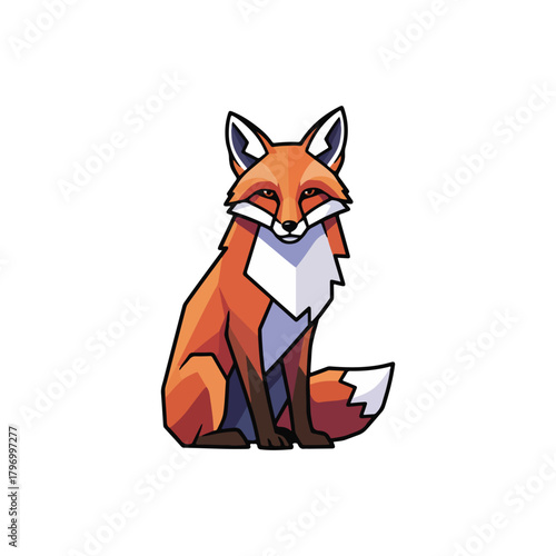 Geometric style illustration of a fox sitting upright with a white chest and tail tip on a white background.