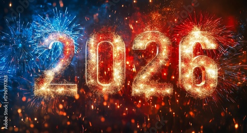Fireworks Display Welcoming the New Year 2026 With Colorful Bursts and Sparkl...