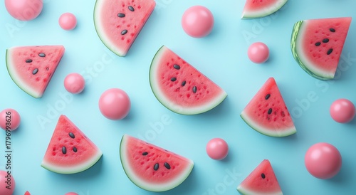 Colorful Arrangement of Watermelon Slices and Pink Spheres on a Light Blue Ba...