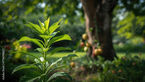 Fototapeta Naklejka Na Ścianę i Meble -  Green plant with tree fruits in a garden, depicting a fiber-dense choice