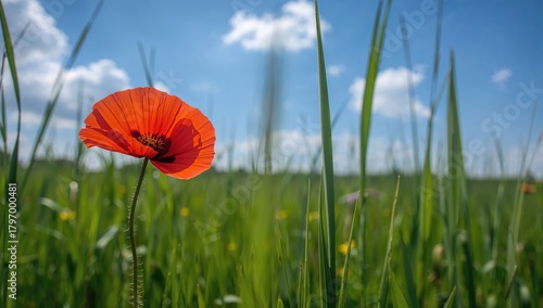 Fototapeta Naklejka Na Ścianę i Meble -  Red poppy flower glowing amid lush green fields on a bright sunny summer day, seasonal change