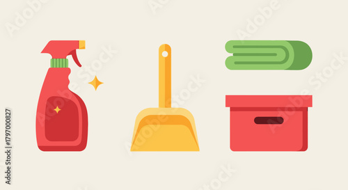 Flat vector illustration of cleaning supplies: a spray bottle, dustpan, folded towel, and storage box.