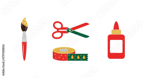 Illustration of a paintbrush, scissors, tape, and glue, representing arts and crafts supplies on a white background.