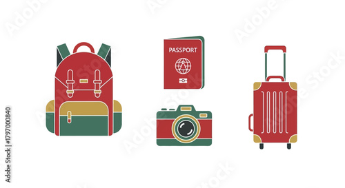 Illustration of travel essentials: a backpack, passport, camera, and suitcase, all in red, green, and beige against a white background.