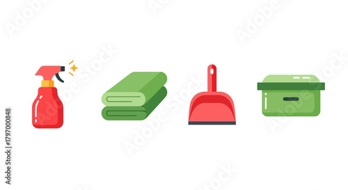 Four cleaning supplies: a red spray bottle, folded green towels, a red dustpan, and a green storage box, all isolated on a white background.