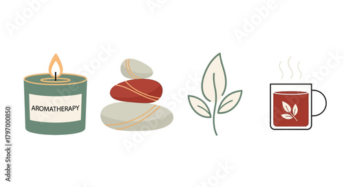 Illustration of aromatherapy elements: a lit candle, stacked stones, a leaf, and a steaming cup of tea.
