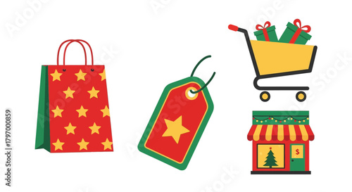 Illustration of Christmas shopping elements: a shopping bag, price tag, shopping cart with gifts, and a storefront decorated for the holidays.