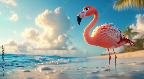 Flamingo Stands Gracefully on a Sandy Beach by the Sea During Sunset