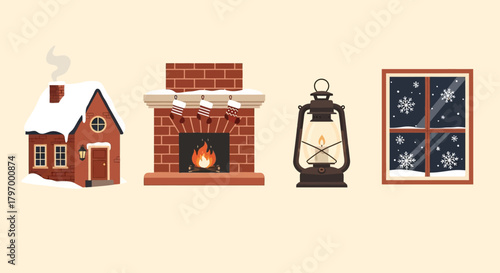Illustration of a cozy winter scene featuring a snow-covered house, a fireplace with stockings, a lantern, and a window with falling snowflakes.