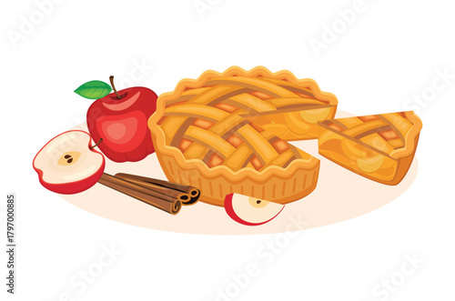 Sweet traditional sliced Apple Pie with fresh red apples and cinnamon vector illustration. Lattice whole apple pie icon set isolated on a white background. Classic american sweet pie drawing