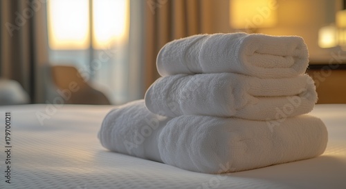 Soft, Fluffy Towels Stacked Neatly on a Bed in a Cozy Hotel Room With Warm Li...