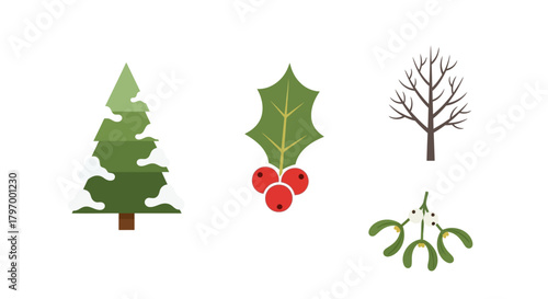 A flat vector illustration featuring a Christmas tree with snow, holly berries, a bare tree, and mistletoe, all isolated on a white background.
