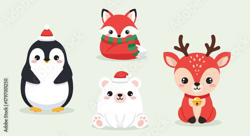 Cute cartoon illustration featuring a penguin in a Santa hat, a fox in a scarf, a polar bear with a hat, and a reindeer with a bell.