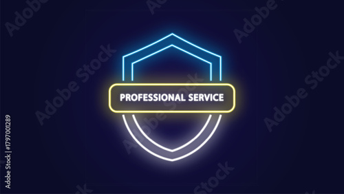 Neon graphic shield icon abstract design displays professional service text with bright glowing lines on a dark digital background