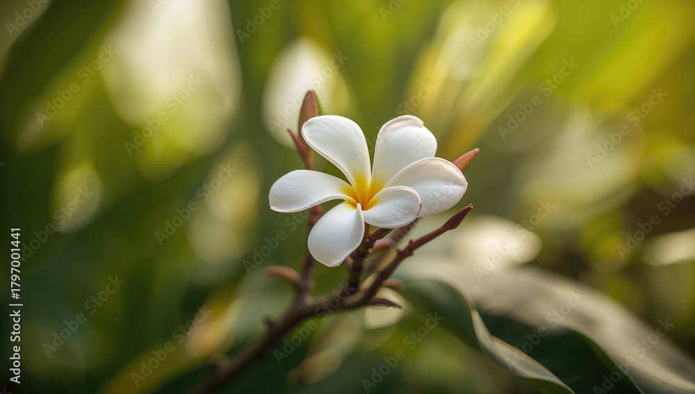 Fototapeta premium White frangipani tropical flower, plumeria flower in bloom on tree, relaxation theme