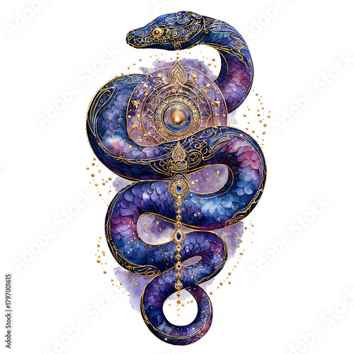 Intricate Snake Coiled Around Golden Mandala with Celestial Scale Texture and Starry Details