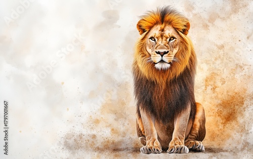 Majestic Lion Sitting Proudly Against a Soft, Colorful Background in a Natura...