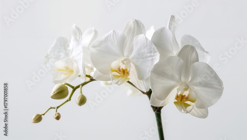 White Phalaenopsis orchids on a neutral backdrop, suitable for floral design, Earth Day