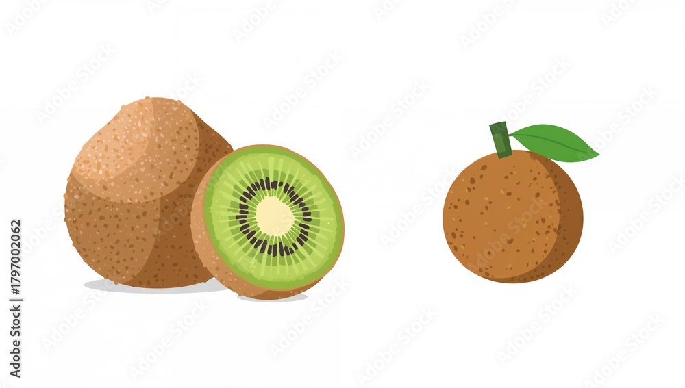 Obraz premium Whole and half kiwi fruit showcasing vibrant green flesh, fiber-dense choice