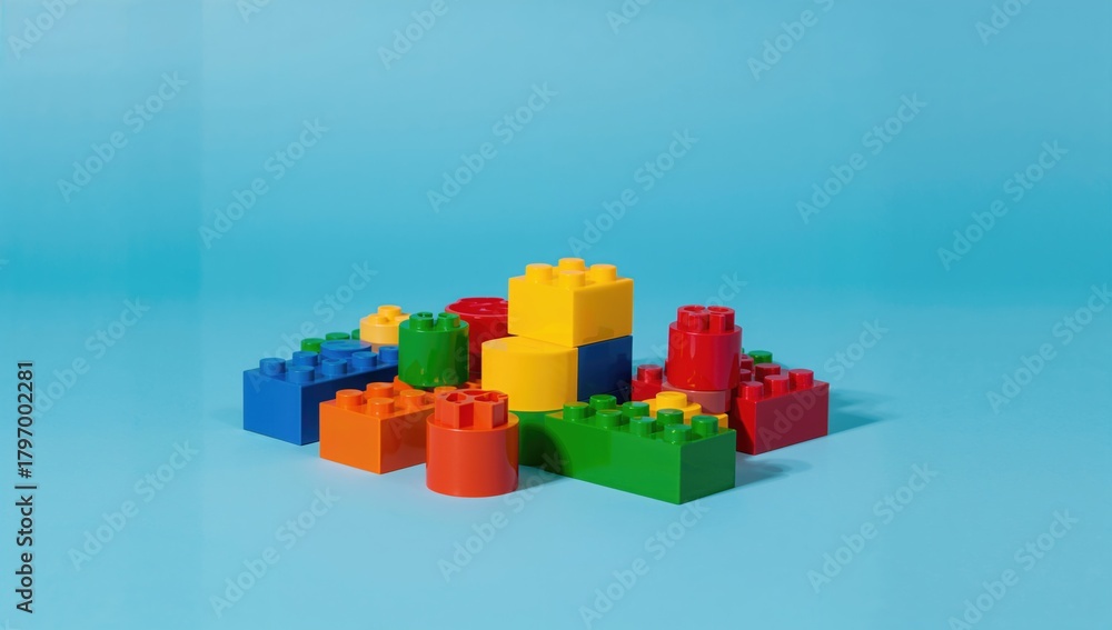 Obraz premium Plastic building blocks on a blue backdrop, play and creativity, teamwork