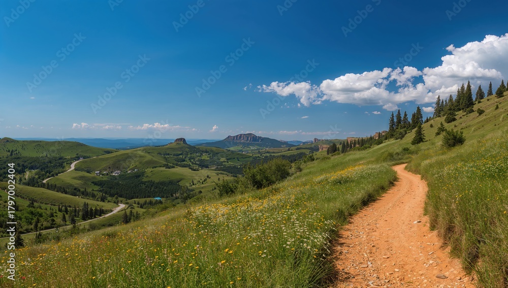 Obraz premium Scenic landscape showcasing undulating hills beside a walking path, ideal for outdoor activities