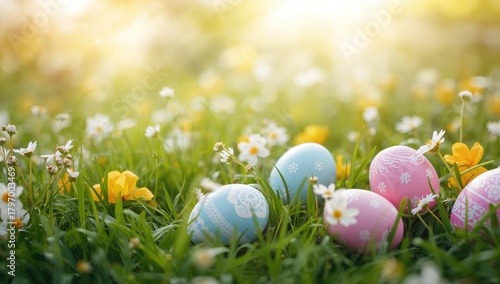 Colorful Easter eggs resting on lush green grass adorned with flowers, symbolizing springtime joy