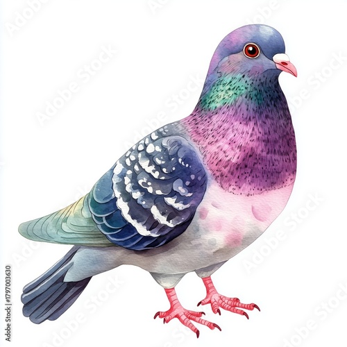 Colorful Pigeon With Vibrant Feathers Standing on a White Background