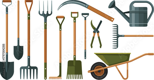 Gardening and farming tools equipment set vector illustration