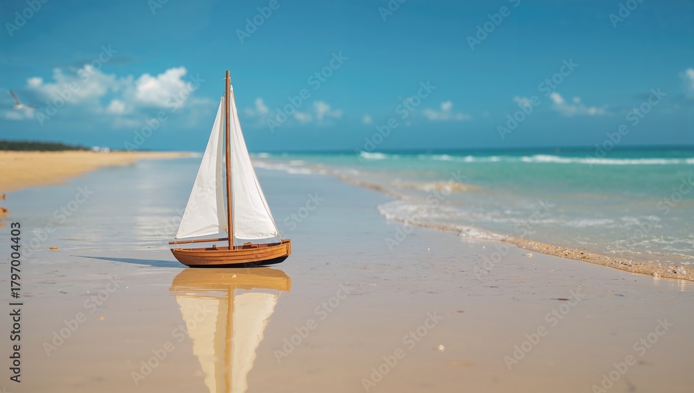 Obraz premium Miniature fishing vessel on the shoreline, showcasing the theme of leisure