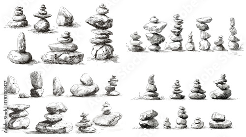Hand-drawn ink sketches of stacked stone cairns in various balances and sizes. Perfect for wellness graphics, meditation themes, spa branding, and minimalist nature designs.