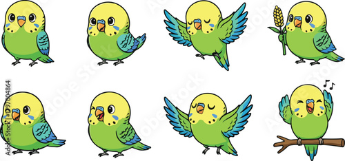 vector illustration of parakeet bird funny cute cartoon mascot character cartoon with 8 poses 