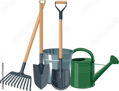 Gardening tools with shovel rake and watering can vector