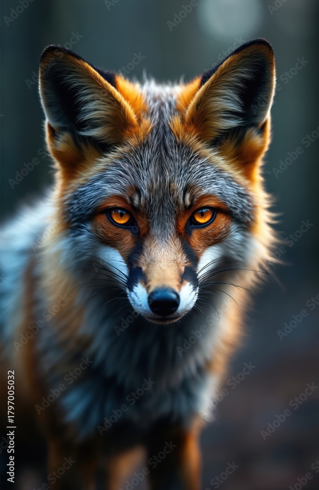 Fototapeta premium Close-up portrait of red fox head with striking orange eyes, detailed fur texture. Wild animal looks directly at camera against dark, blurred forest background. Alert ears, facial markings prominent