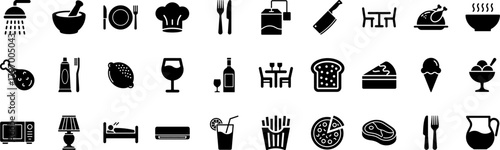 Food and Household Icon Set. Vector of kitchen, dining, cooking, utensils, appliances, beverages, desserts, tableware, meals, and more in black silhouette style