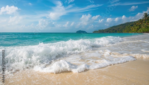 Fototapeta Naklejka Na Ścianę i Meble -  Waves crashing on sandy shore, highlighting seasonal change